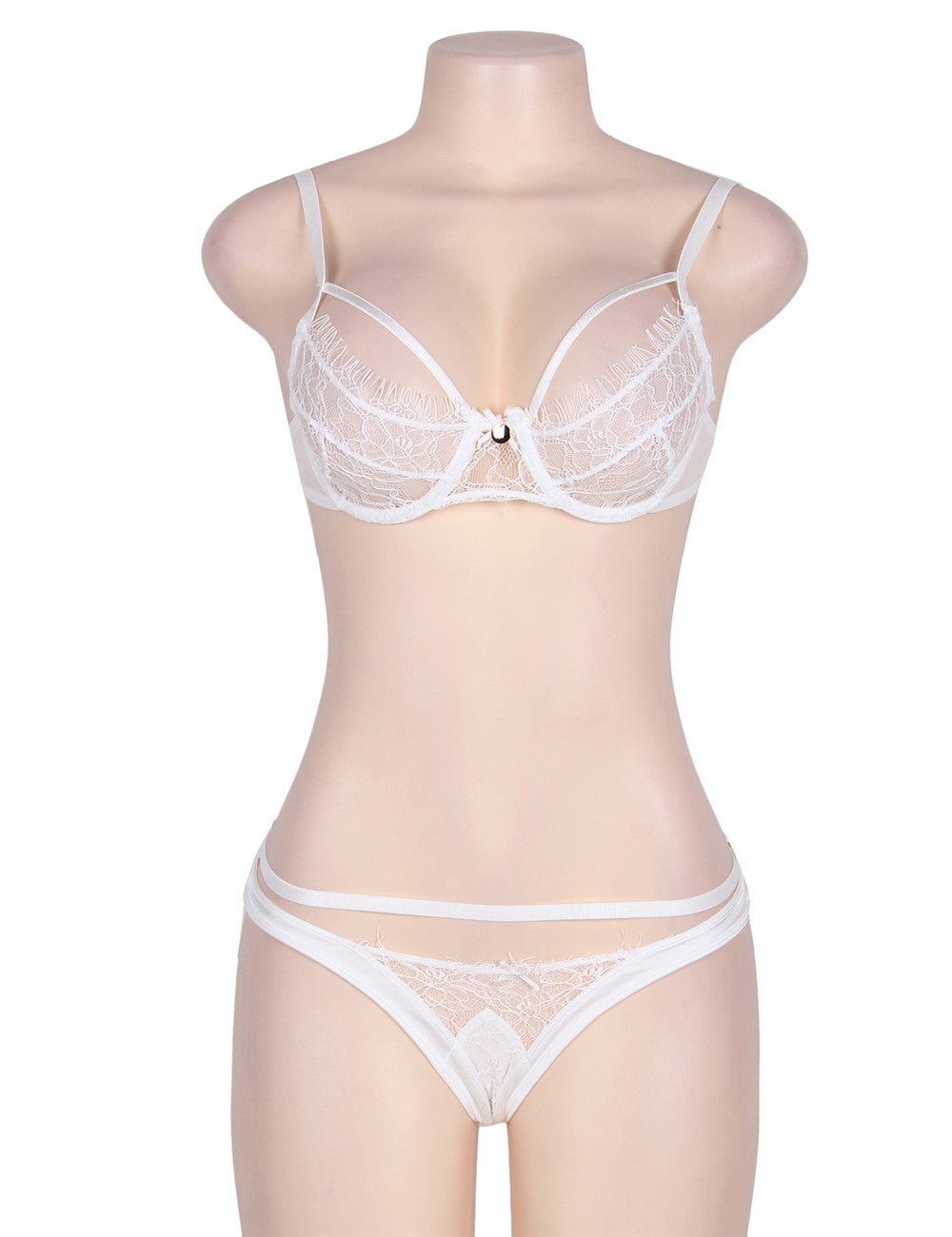 White Eyelash Lace & Floral Lace Underwired Bra Set with Matching Panty - TeaseFashion