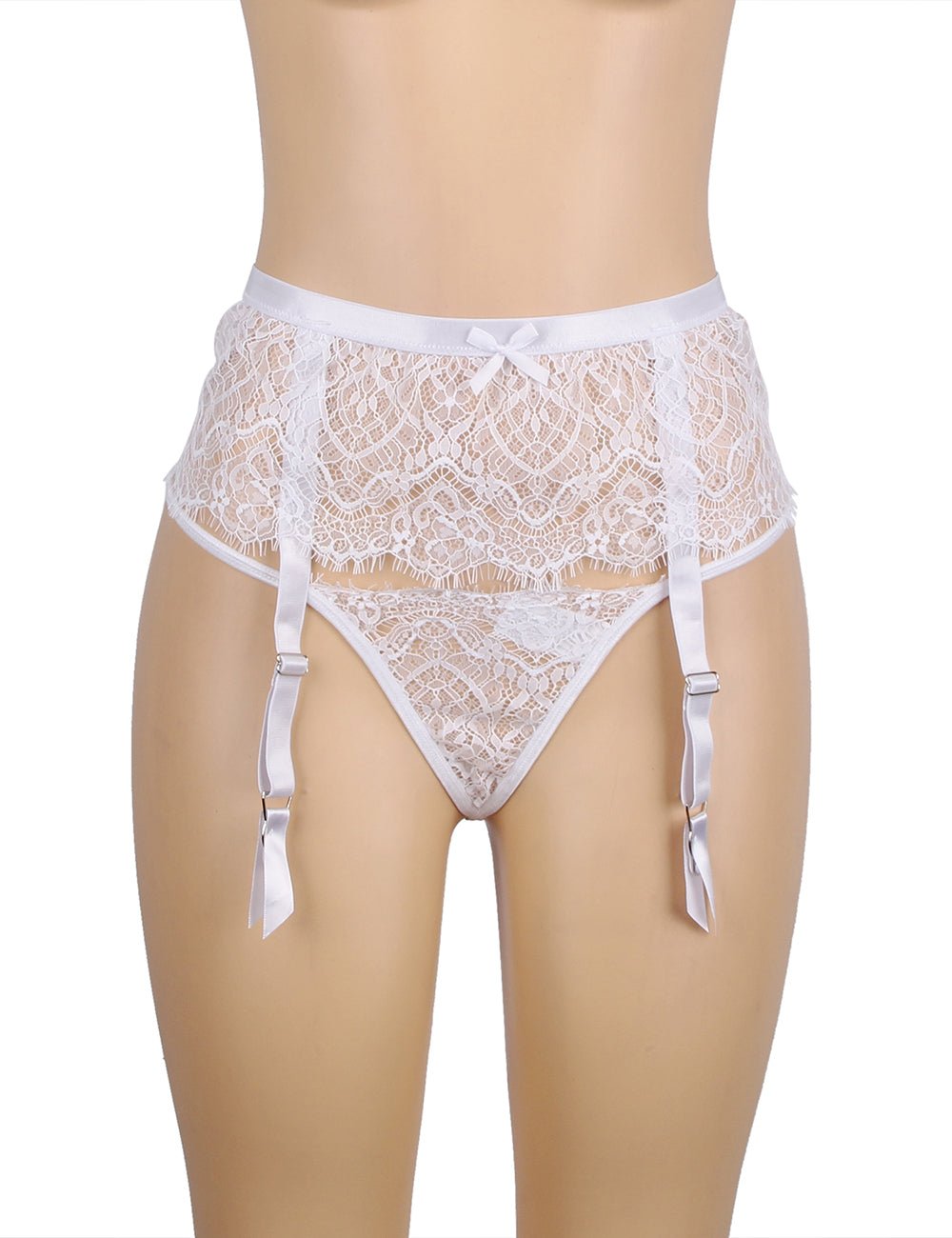 White Eyelash Lace High - Waist Garter Panty with Back Snap & Wide Straps - TeaseFashion