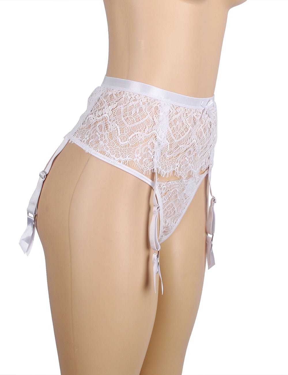 White Eyelash Lace High - Waist Garter Panty with Back Snap & Wide Straps - TeaseFashion