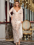 White Eyelash Lace Maxi Nightdress – Deep V Neck, Long Sleeves, Tassel Trim & Flowing Skirt - TeaseFashion