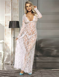 White Eyelash Lace Maxi Nightdress – Deep V, Tassel Trim & Thong - TeaseFashion