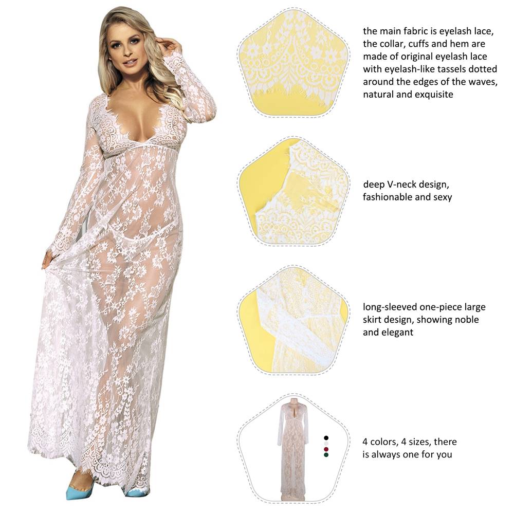 White Eyelash Lace Maxi Nightdress – Deep V, Tassel Trim & Thong - TeaseFashion