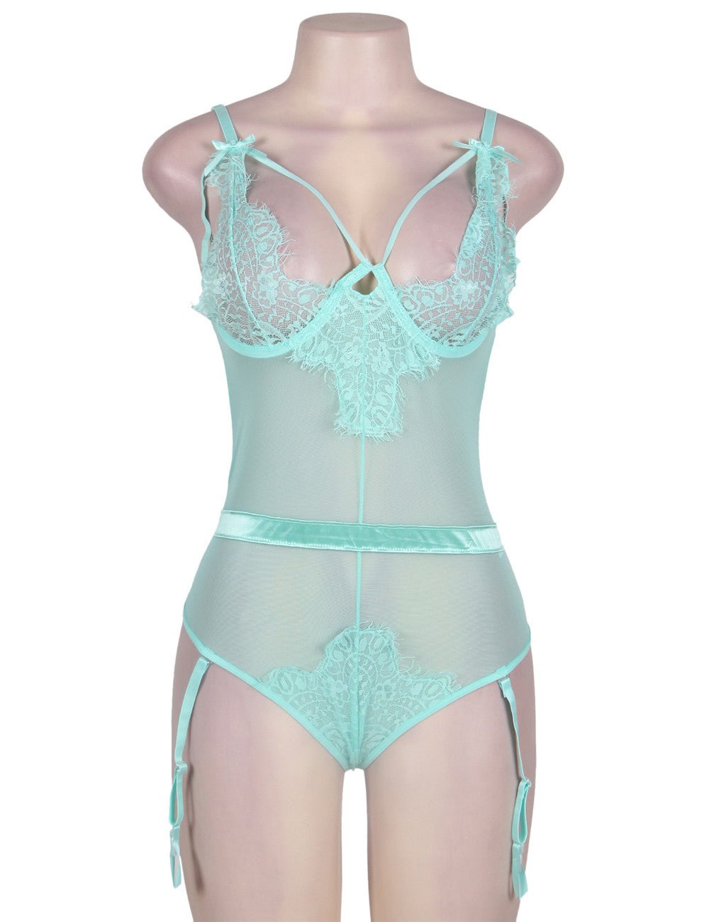 White Eyelash Lace Mesh Teddy – Underwired Cups, Garter Straps, Adjustable Back & Shoulder Straps - TeaseFashion