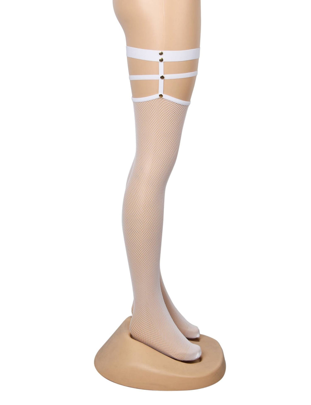 White Fine - Mesh Fishnet Thigh - High Stockings with Studded Elastic Top Band - TeaseFashion