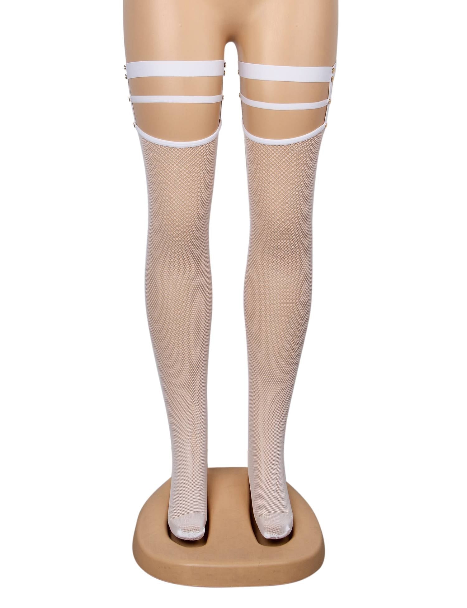 White Fine - Mesh Fishnet Thigh - High Stockings with Studded Elastic Top Band - TeaseFashion