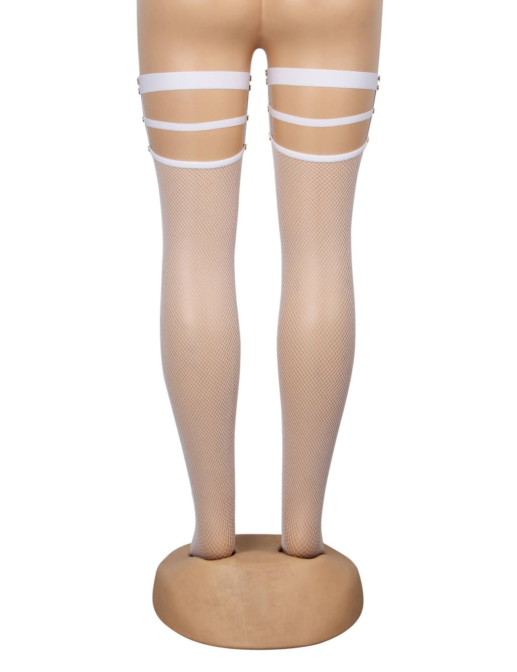 White Fine - Mesh Fishnet Thigh - High Stockings with Studded Elastic Top Band - TeaseFashion