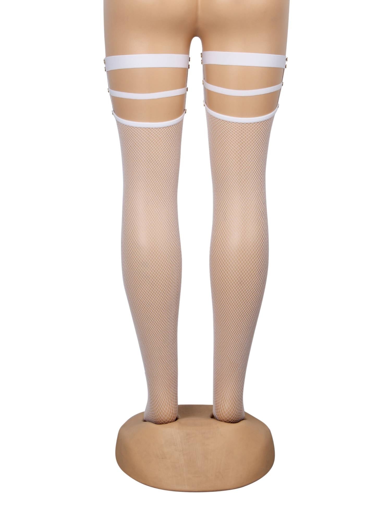 White Fine - Mesh Fishnet Thigh - High Stockings with Studded Elastic Top Band - TeaseFashion