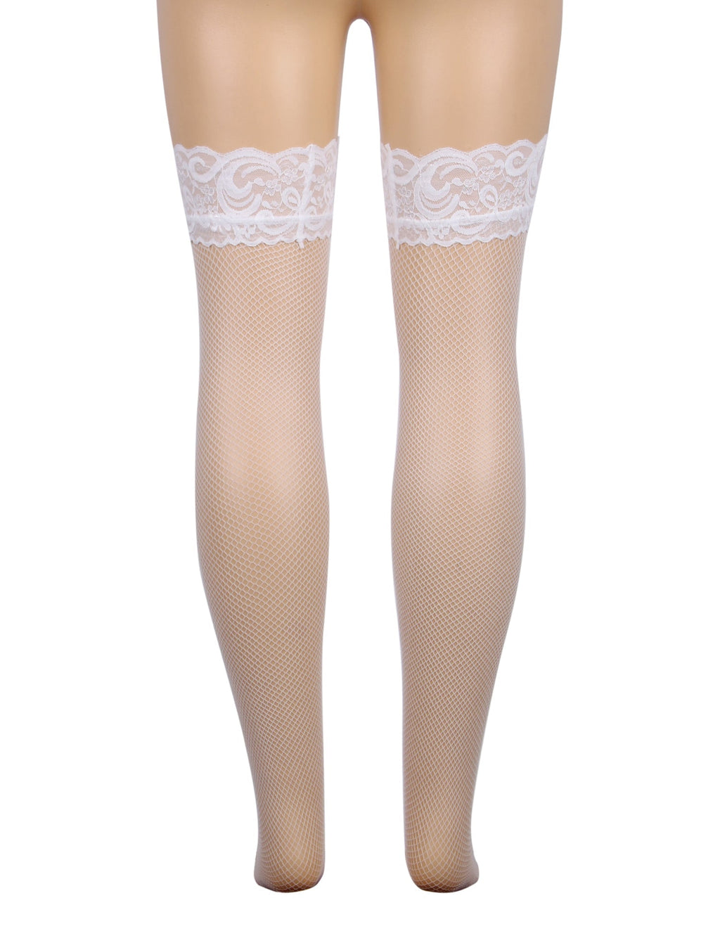 White Fishnet Thigh - High Stockings with Lace Top & Silicone Stay - Up Grip - TeaseFashion