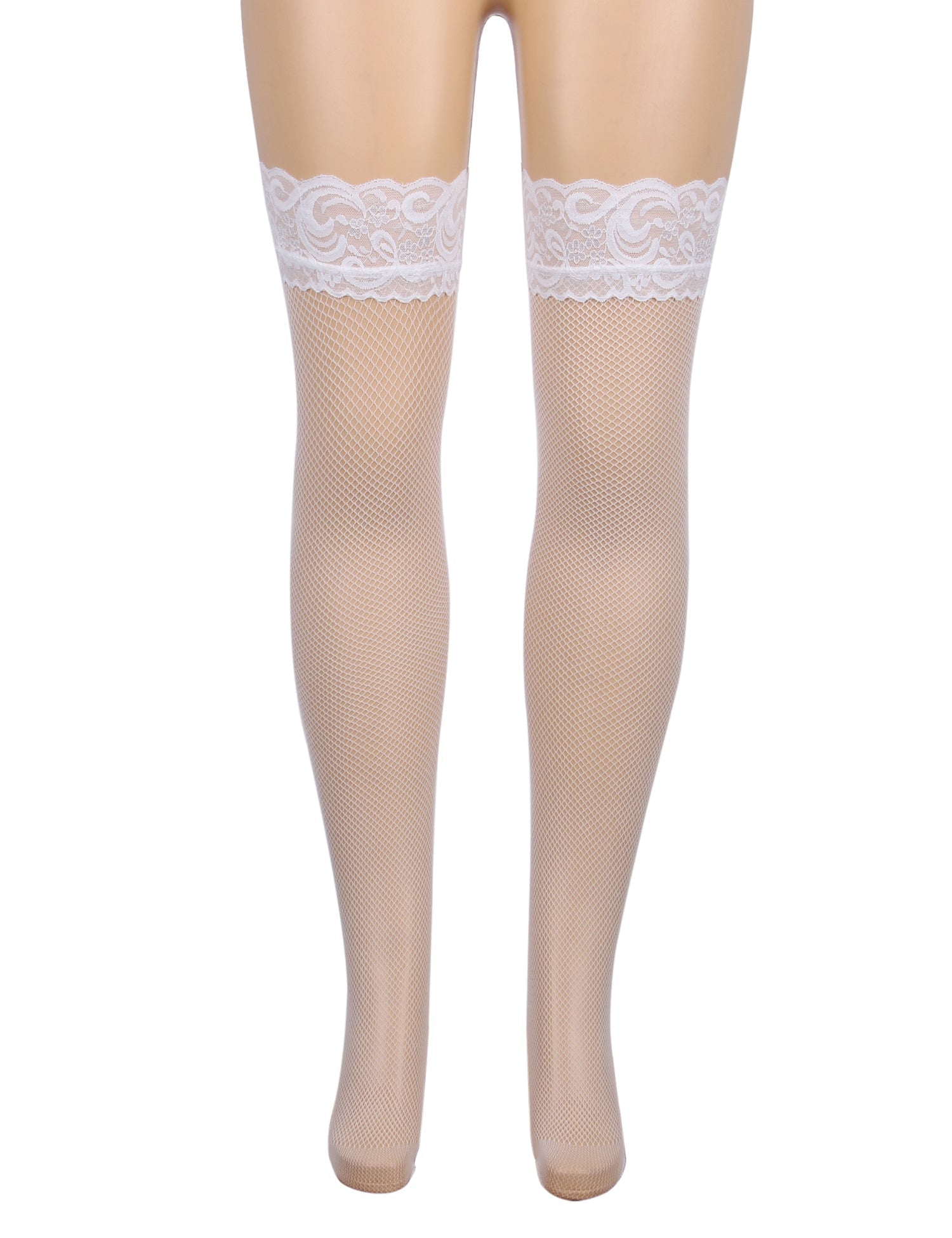 White Fishnet Thigh - High Stockings with Lace Top & Silicone Stay - Up Grip - TeaseFashion