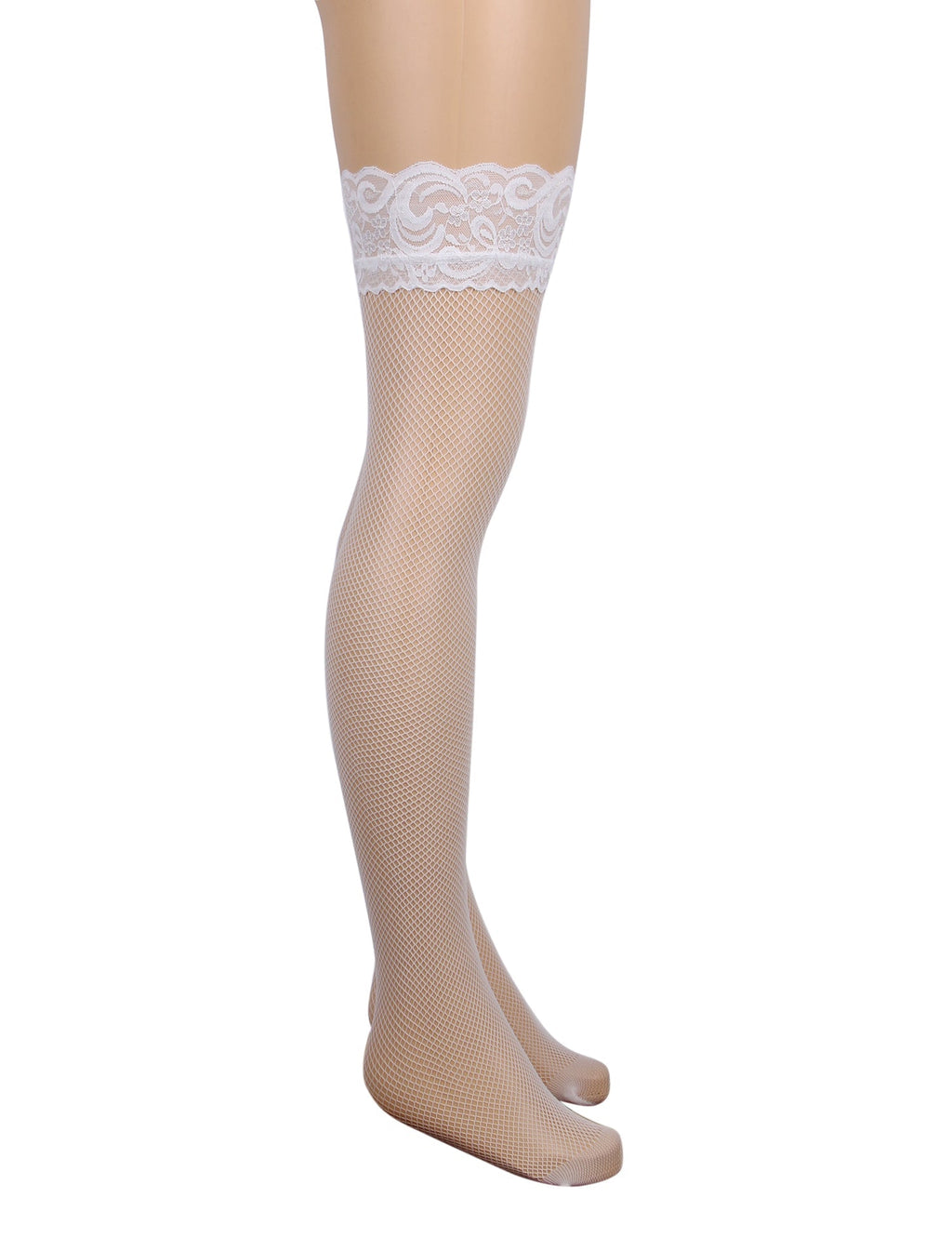 White Fishnet Thigh - High Stockings with Lace Top & Silicone Stay - Up Grip - TeaseFashion