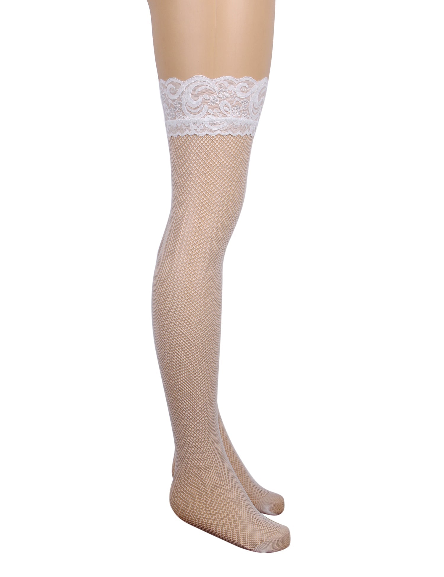 White Fishnet Thigh - High Stockings with Lace Top & Silicone Stay - Up Grip - TeaseFashion