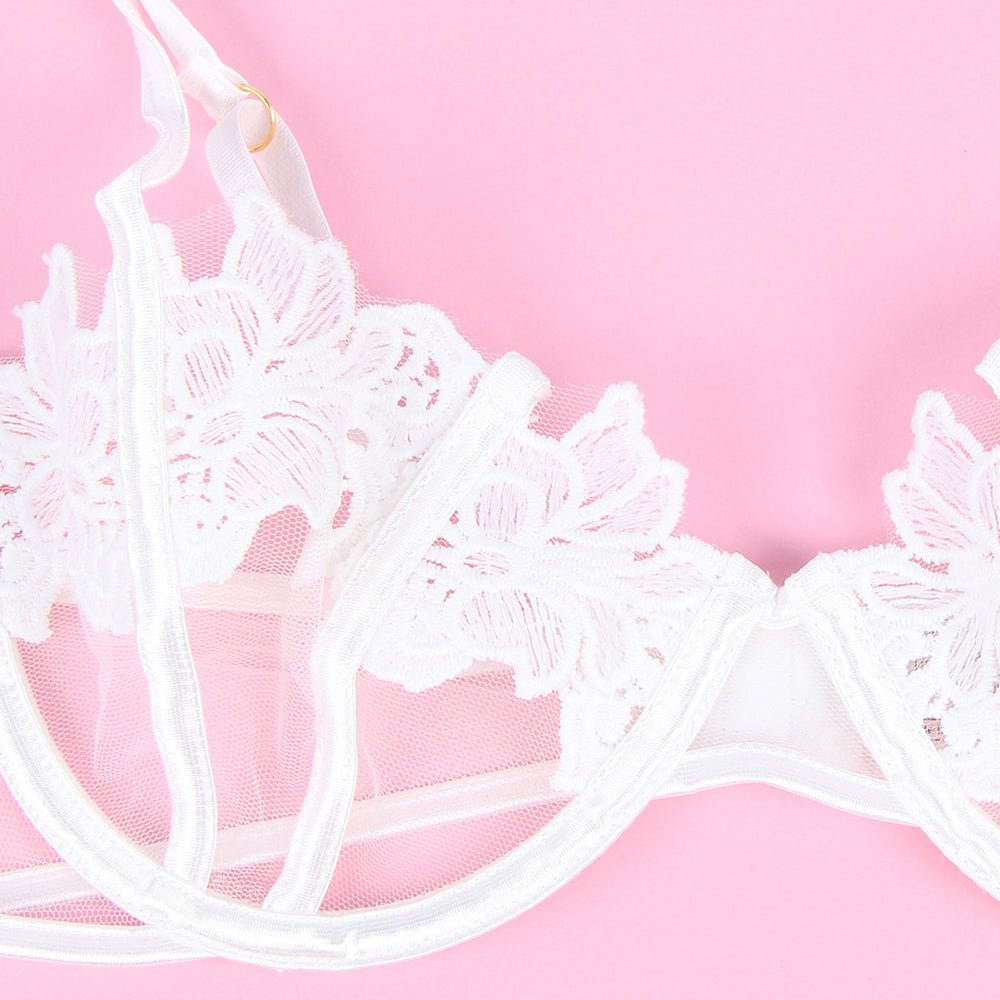 White Floral Mesh Embroidery Bra Garter Set – Underwire & Suspender - TeaseFashion