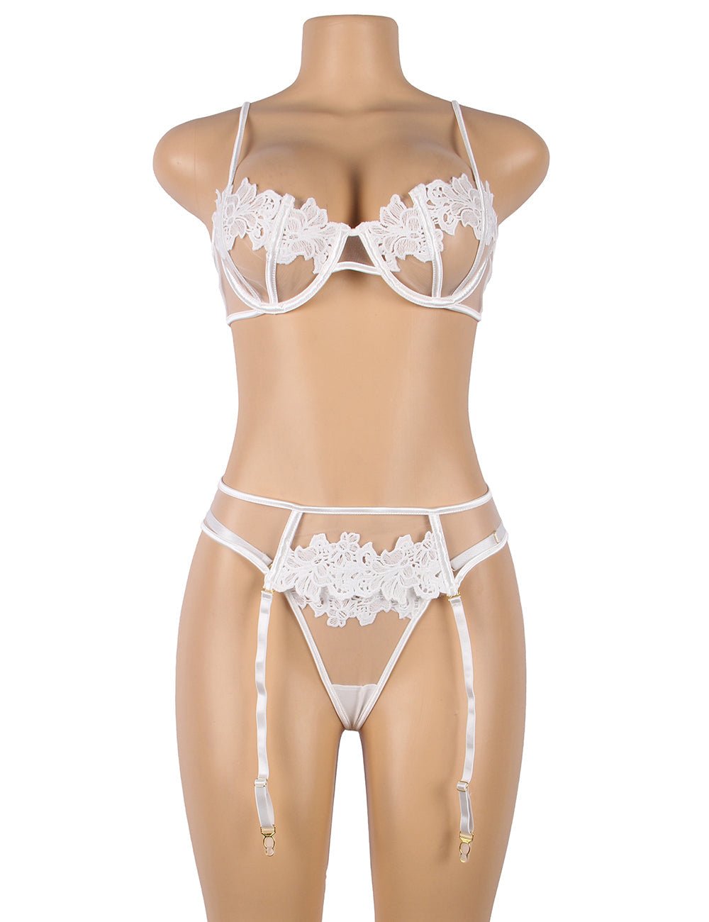 White Floral Mesh Embroidery Bra Garter Set – Underwire & Suspender - TeaseFashion