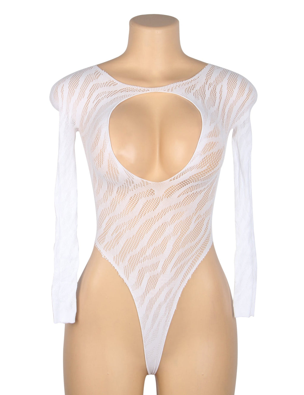 White Glow - in - the - Dark Zebra Jacquard Open - Chest High - Split Bodysuit - TeaseFashion