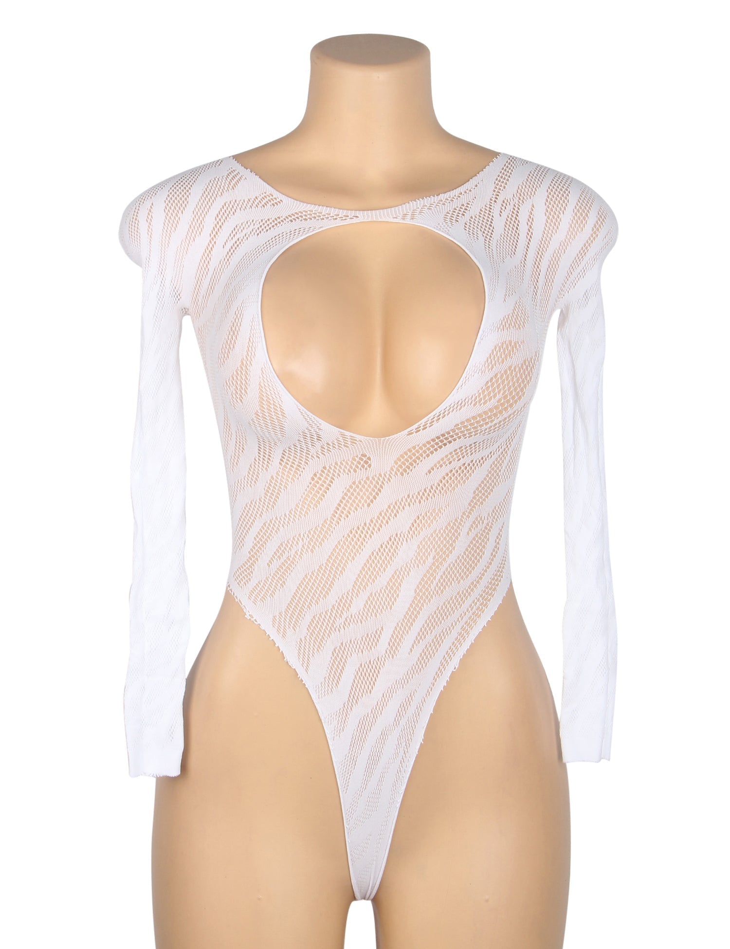 White Glow - in - the - Dark Zebra Jacquard Open - Chest High - Split Bodysuit - TeaseFashion