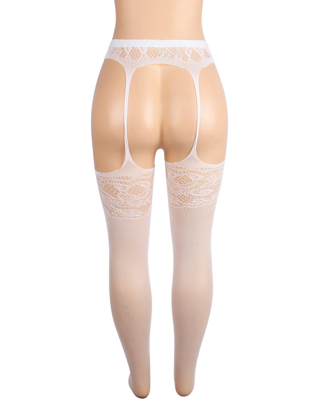 White High - Elastic Nylon Jacquard Suspender Tights – Wide Elastic Waistband & Open - Crotch Design - TeaseFashion