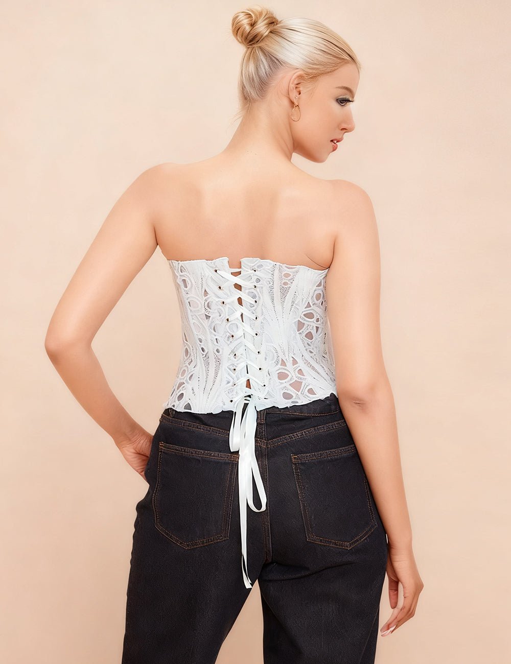 White Hollow Lace - Up Corset with 14 Steel Bones - TeaseFashion