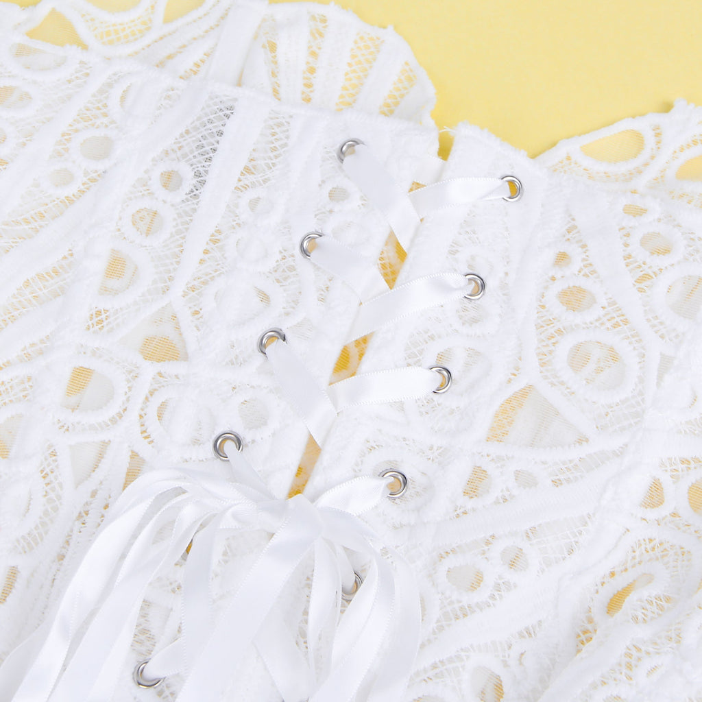 White Hollow Lace - Up Corset with 14 Steel Bones - TeaseFashion