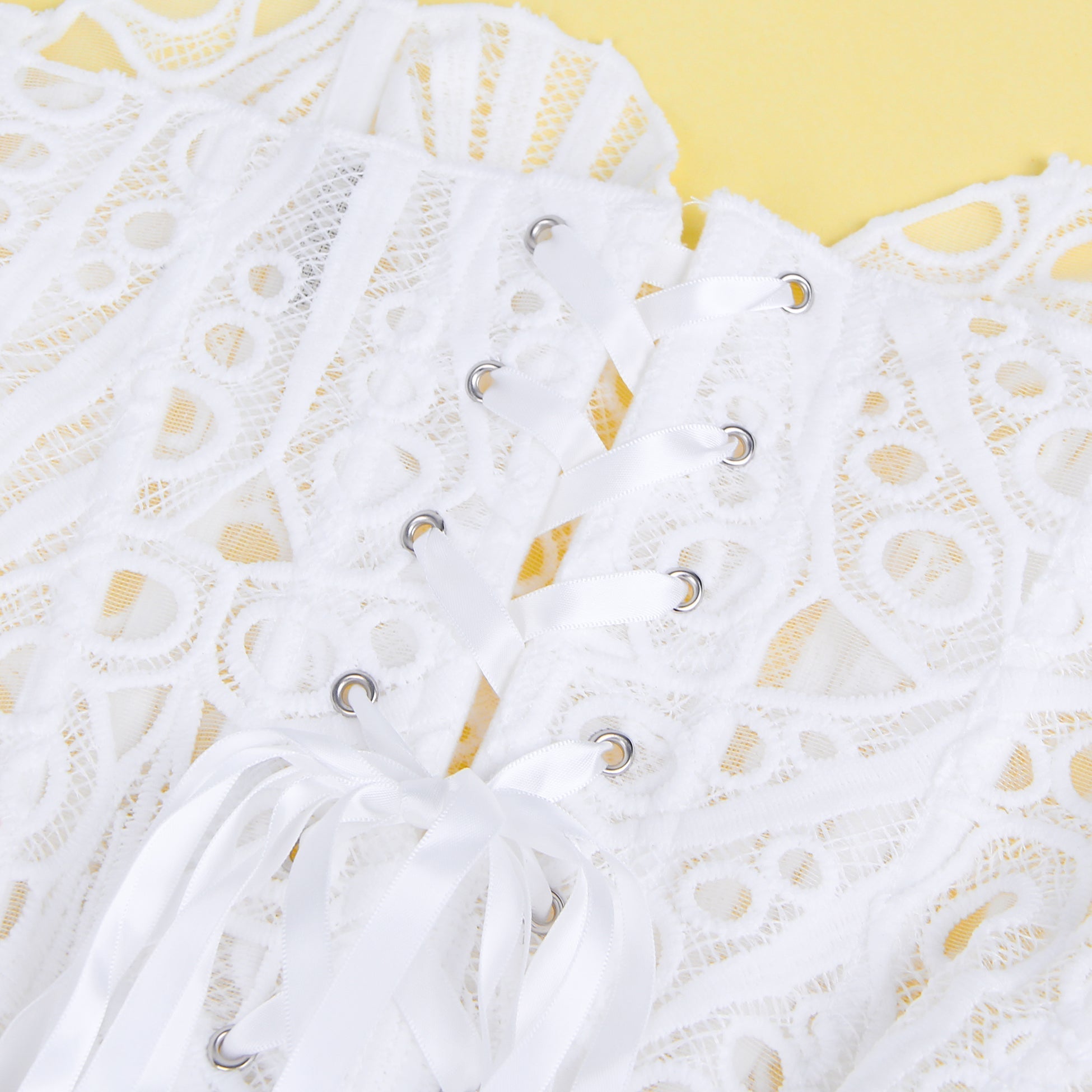 White Hollow Lace - Up Corset with 14 Steel Bones - TeaseFashion
