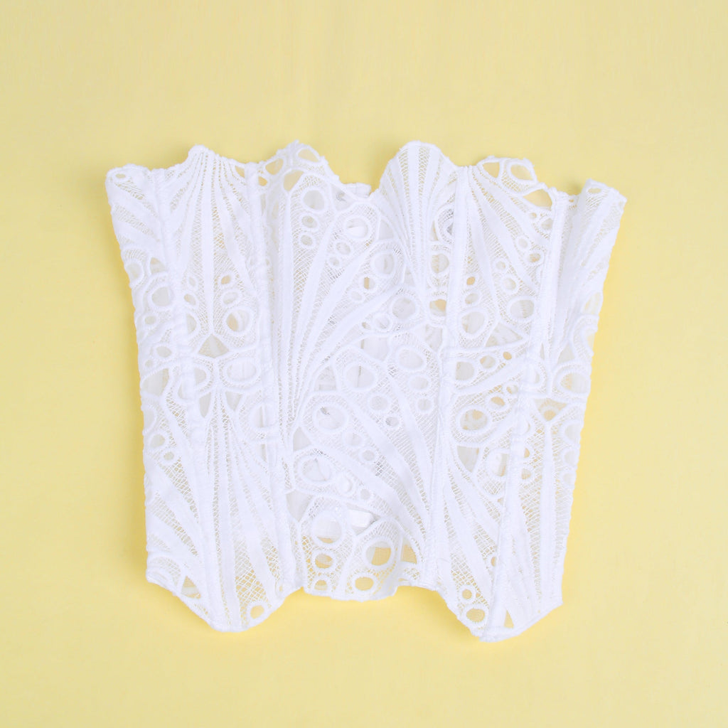 White Hollow Lace - Up Corset with 14 Steel Bones - TeaseFashion