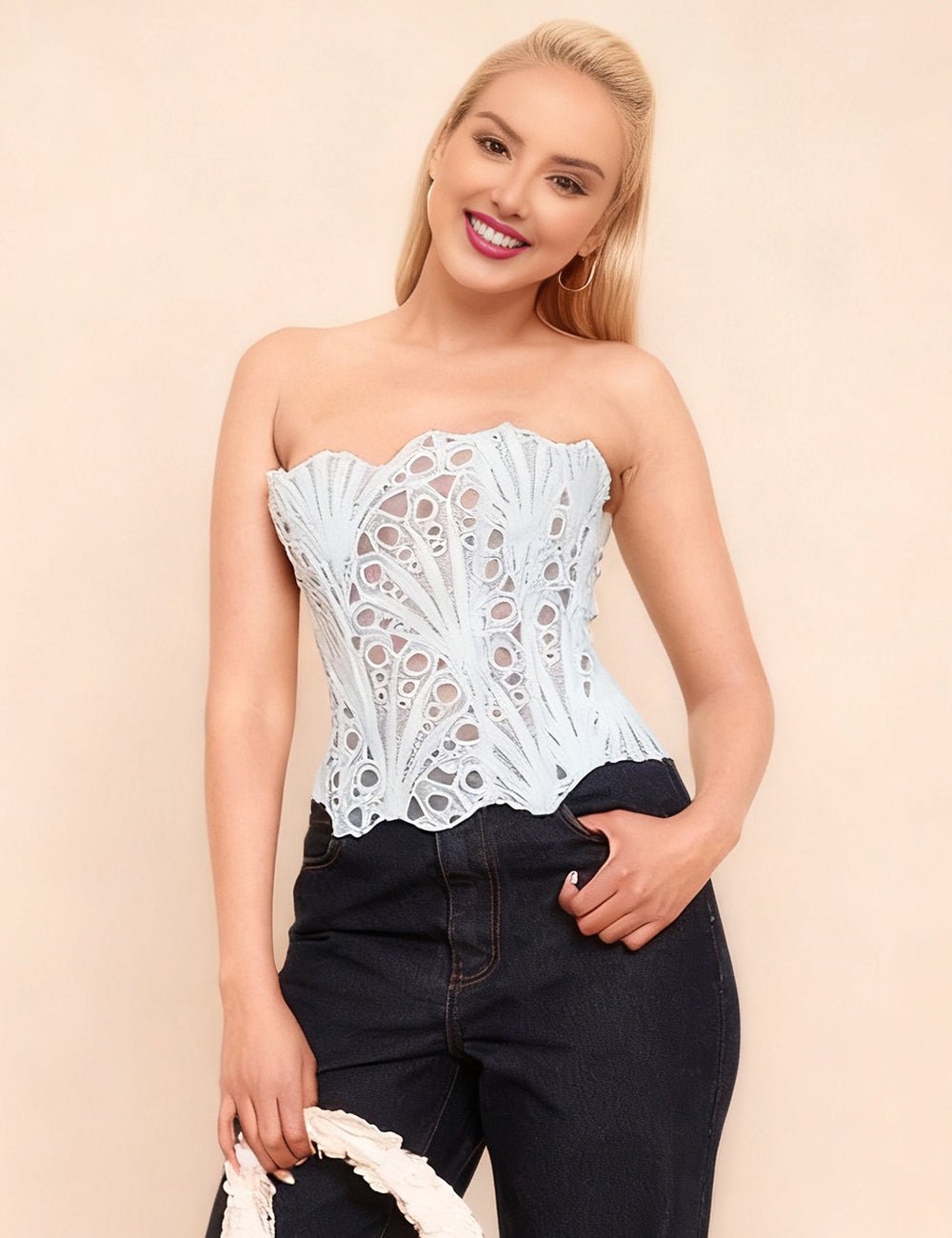 White Hollow Lace - Up Corset with 14 Steel Bones - TeaseFashion