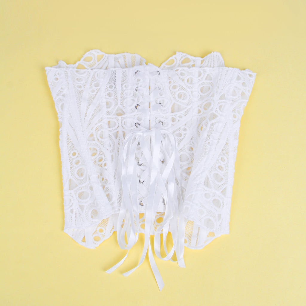 White Hollow Lace - Up Corset with 14 Steel Bones - TeaseFashion