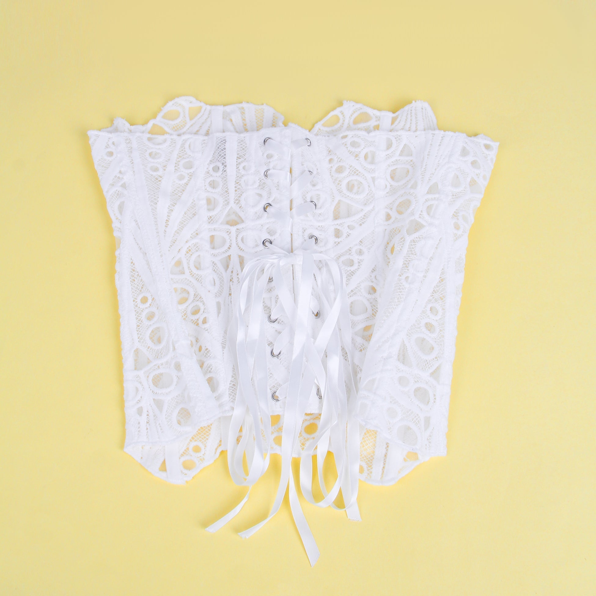 White Hollow Lace - Up Corset with 14 Steel Bones - TeaseFashion
