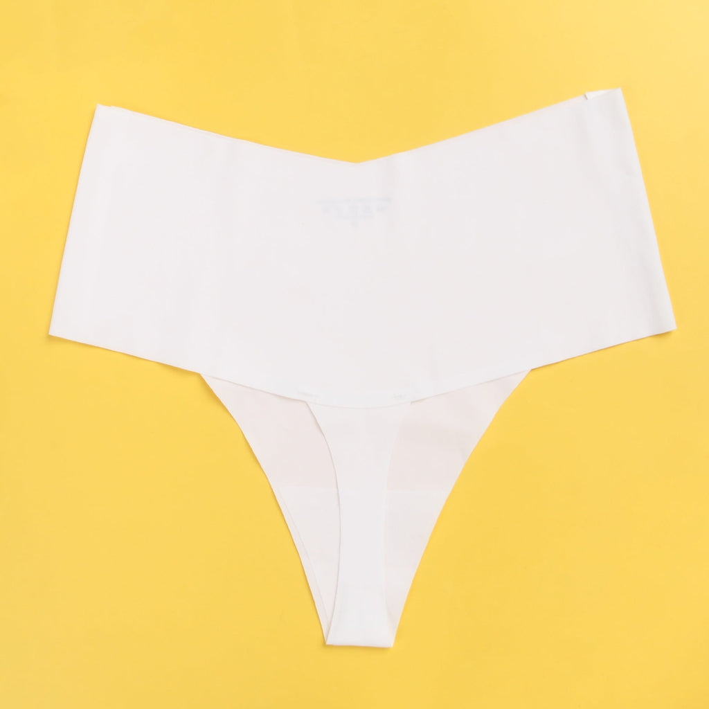 White Ice Silk High - Waist Seamless Thong – Trimmable Leg Opening - TeaseFashion