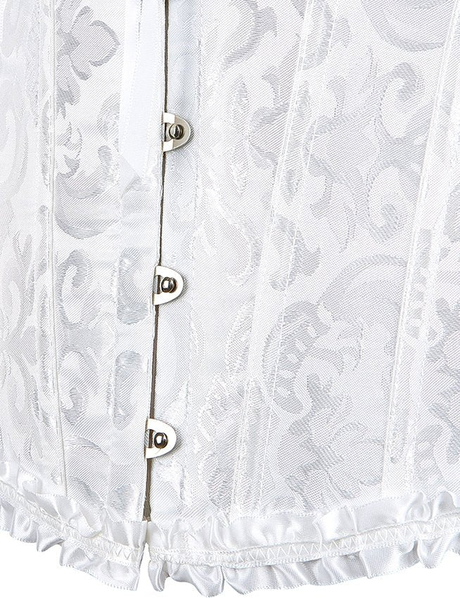White Jacquard Strapless Corset with Lace Trim & Bow - TeaseFashion