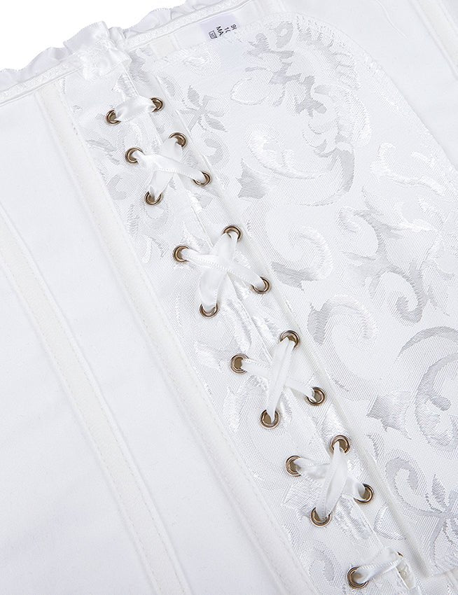 White Jacquard Strapless Corset with Lace Trim & Bow - TeaseFashion
