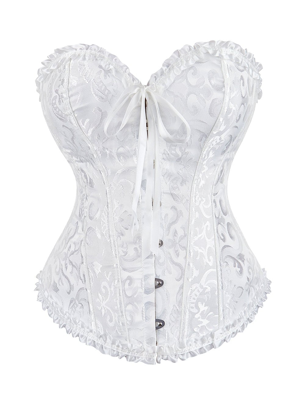 White Jacquard Strapless Corset with Lace Trim & Bow - TeaseFashion