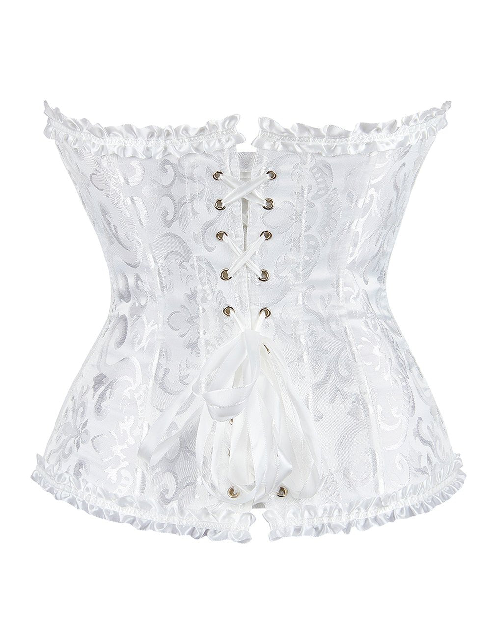 White Jacquard Strapless Corset with Lace Trim & Bow - TeaseFashion