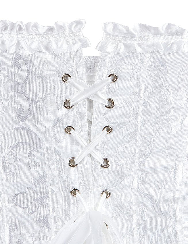 White Jacquard Strapless Corset with Lace Trim & Bow - TeaseFashion