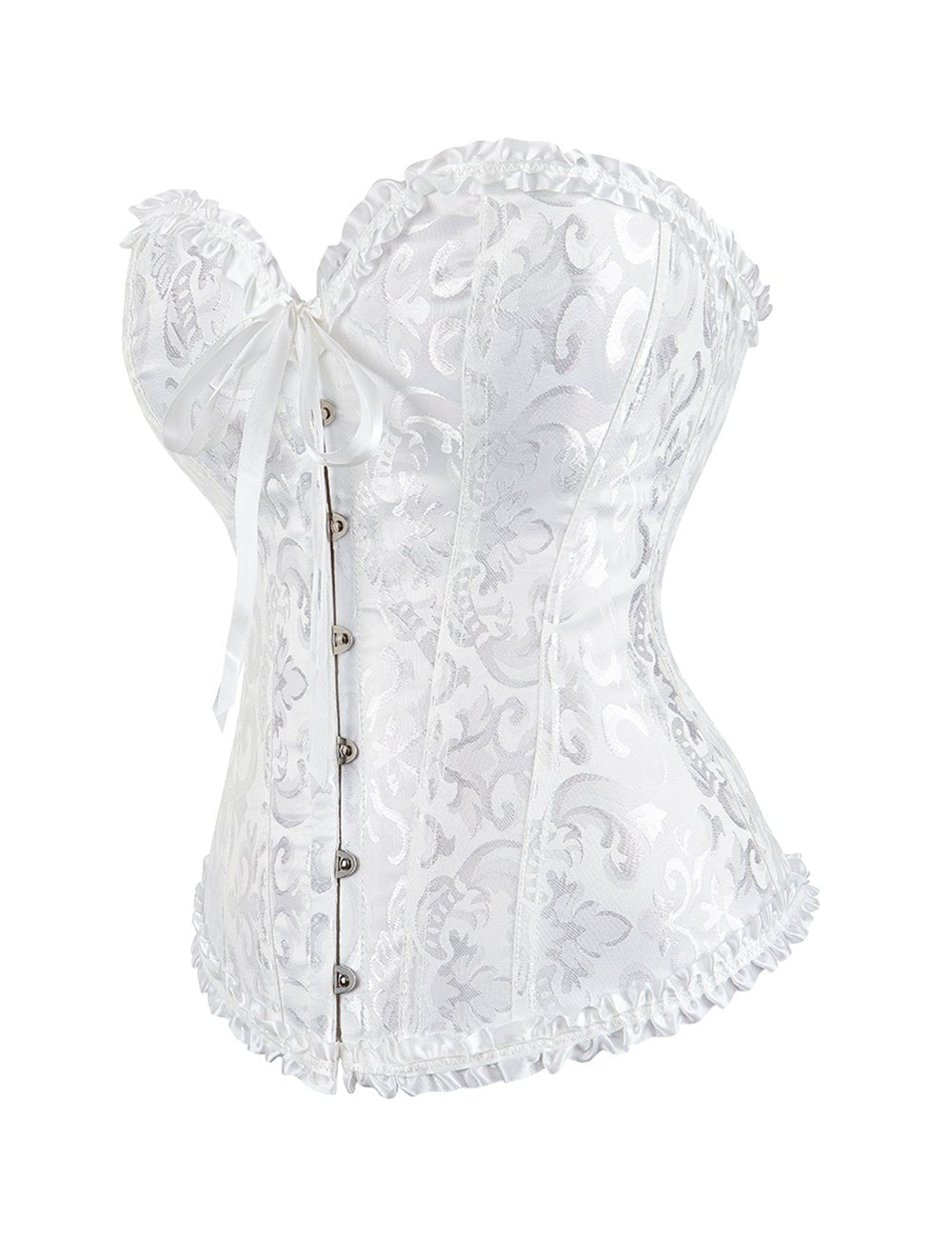 White Jacquard Strapless Corset with Lace Trim & Bow - TeaseFashion