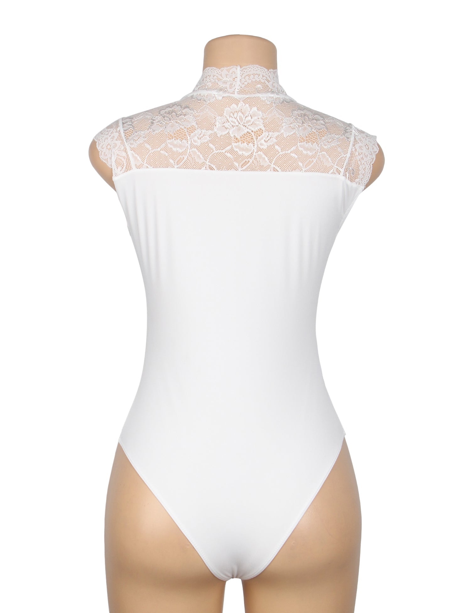 White Lace - Bust Sleeveless Snap - Crotch Bodysuit - TeaseFashion