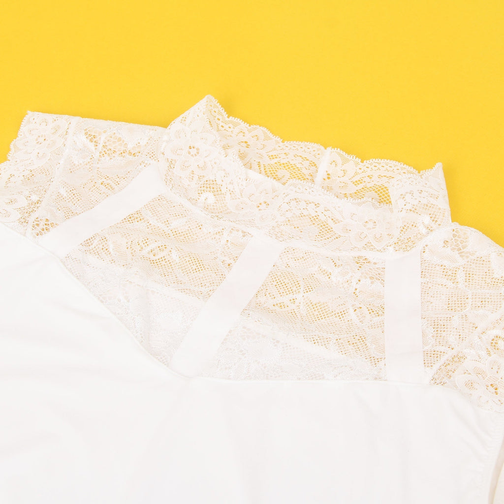 White Lace - Bust Sleeveless Snap - Crotch Bodysuit - TeaseFashion