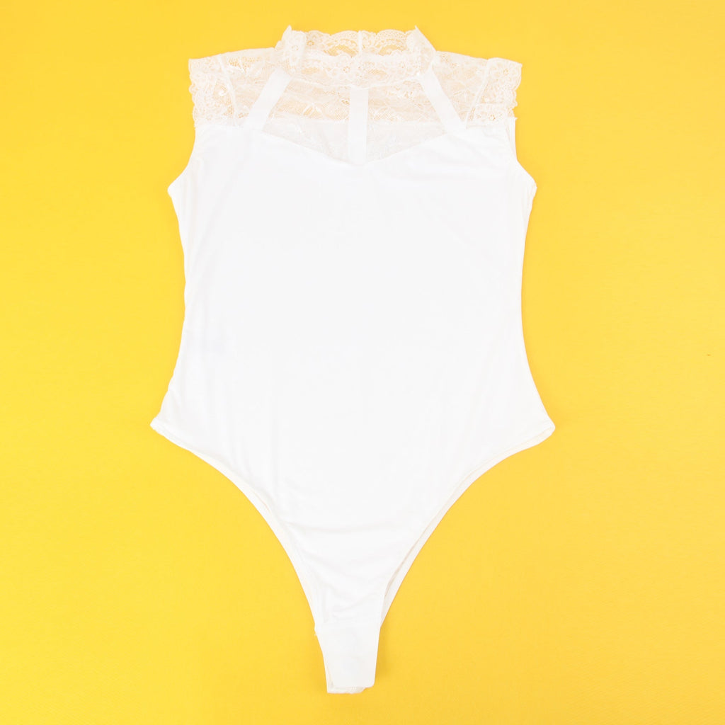 White Lace - Bust Sleeveless Snap - Crotch Bodysuit - TeaseFashion