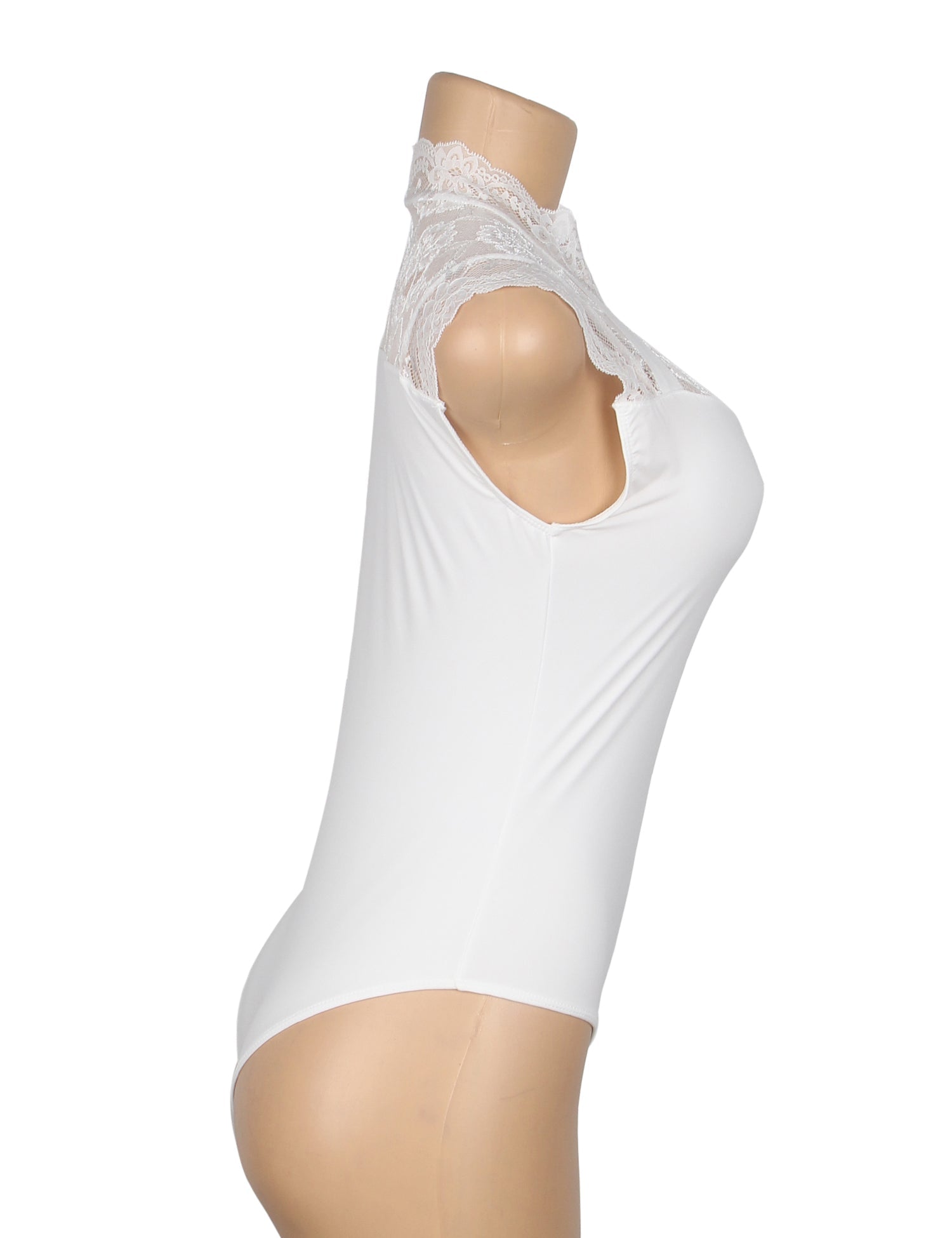White Lace - Bust Sleeveless Snap - Crotch Bodysuit - TeaseFashion