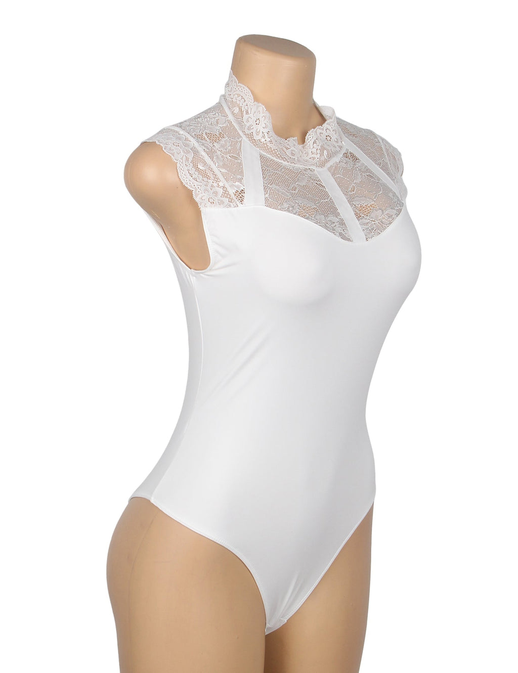 White Lace - Bust Sleeveless Snap - Crotch Bodysuit - TeaseFashion