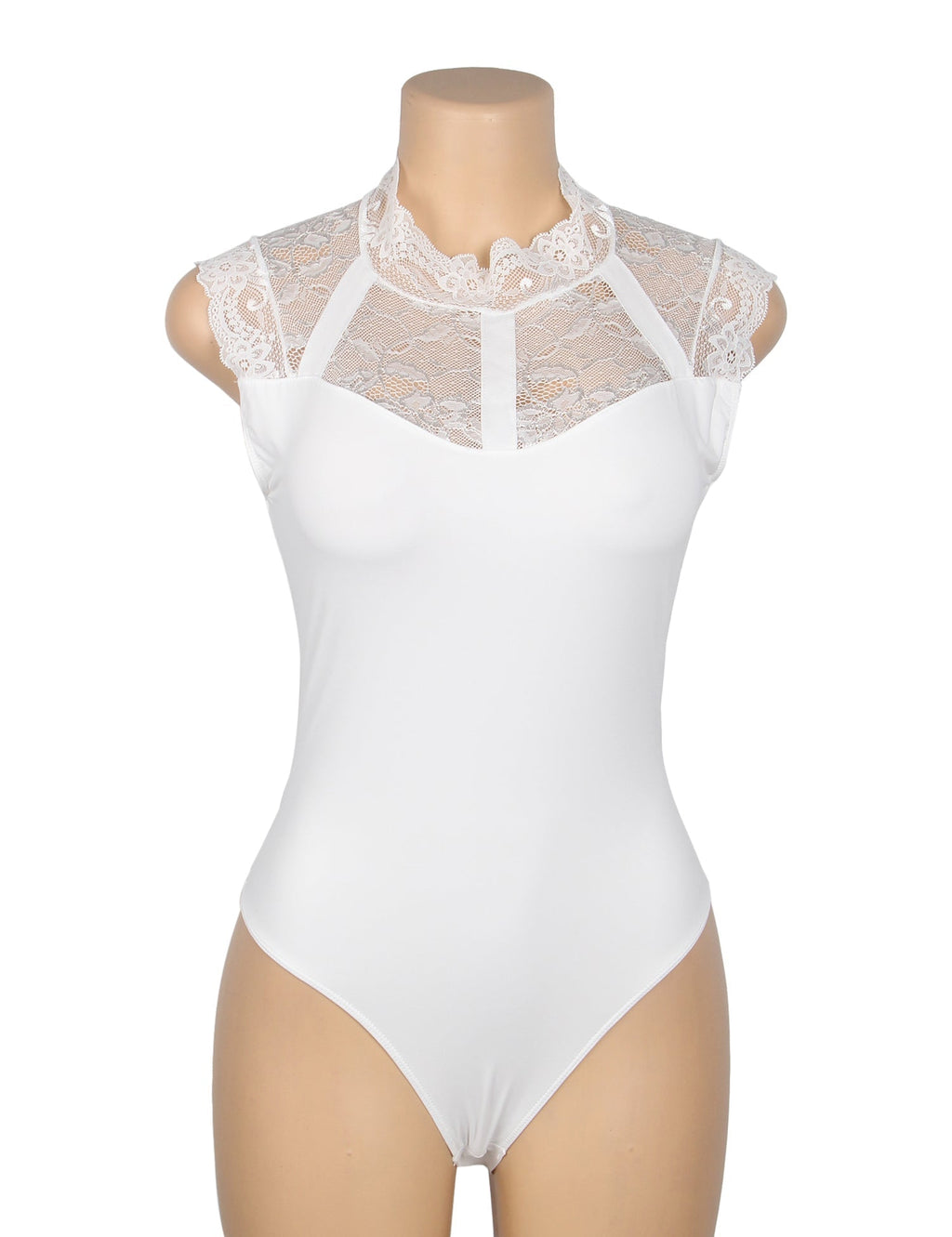 White Lace - Bust Sleeveless Snap - Crotch Bodysuit - TeaseFashion