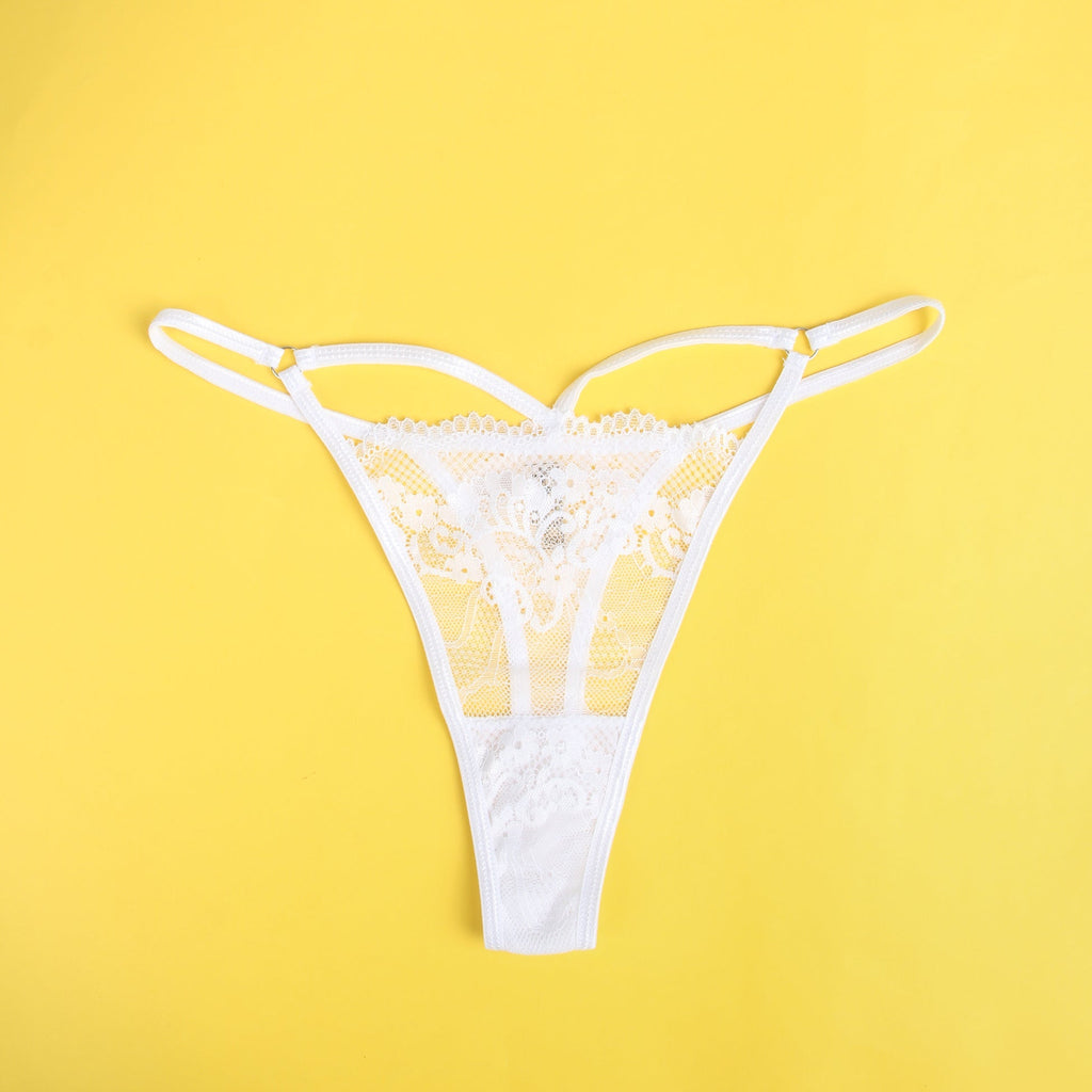 White Lace Hollow - Out Thong with Metal Ring Waist Detail - TeaseFashion