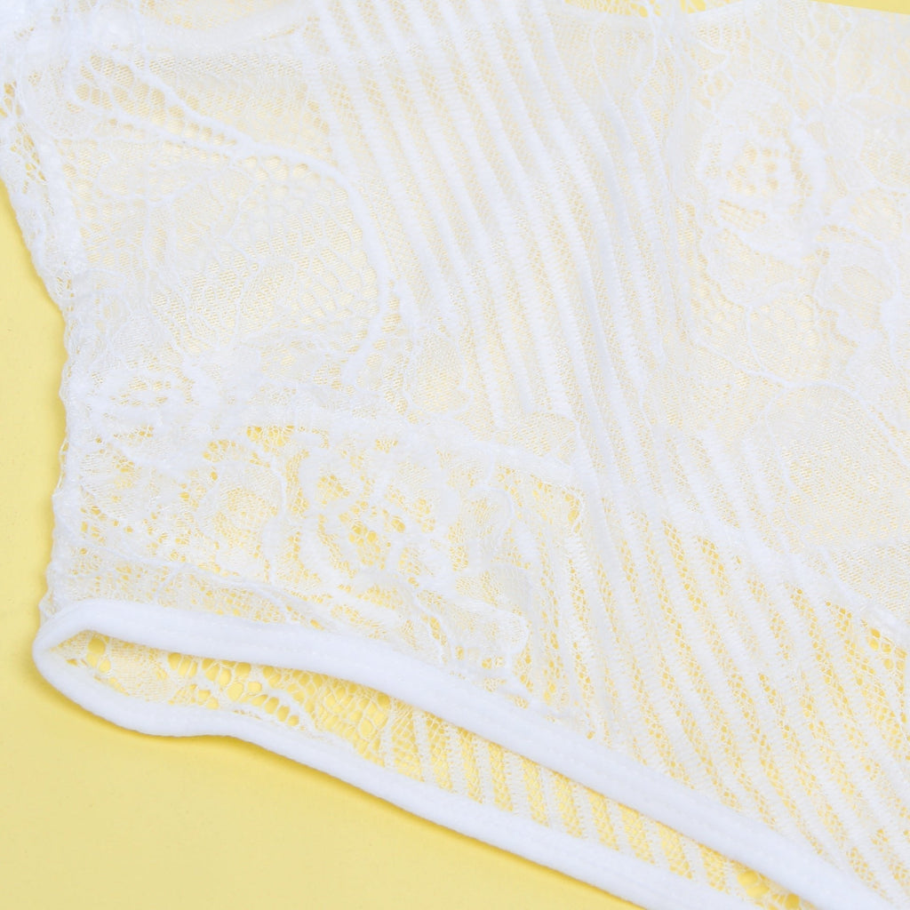 White Lace Mesh Bodysuit – Underwire, Hook - Eye Back & Hollow Detail - TeaseFashion