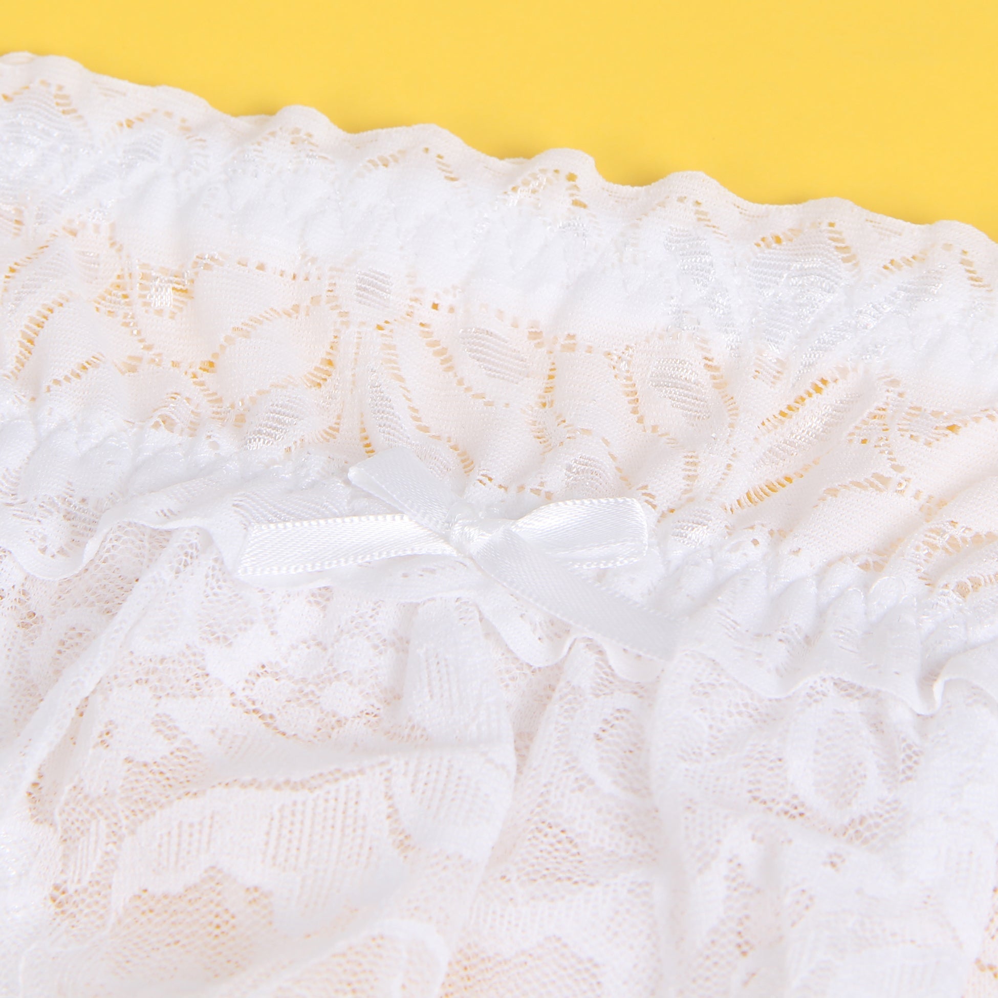 White Lace Mesh One - Piece Garter Panty with Ruffled Hem & Hollowed Back - TeaseFashion