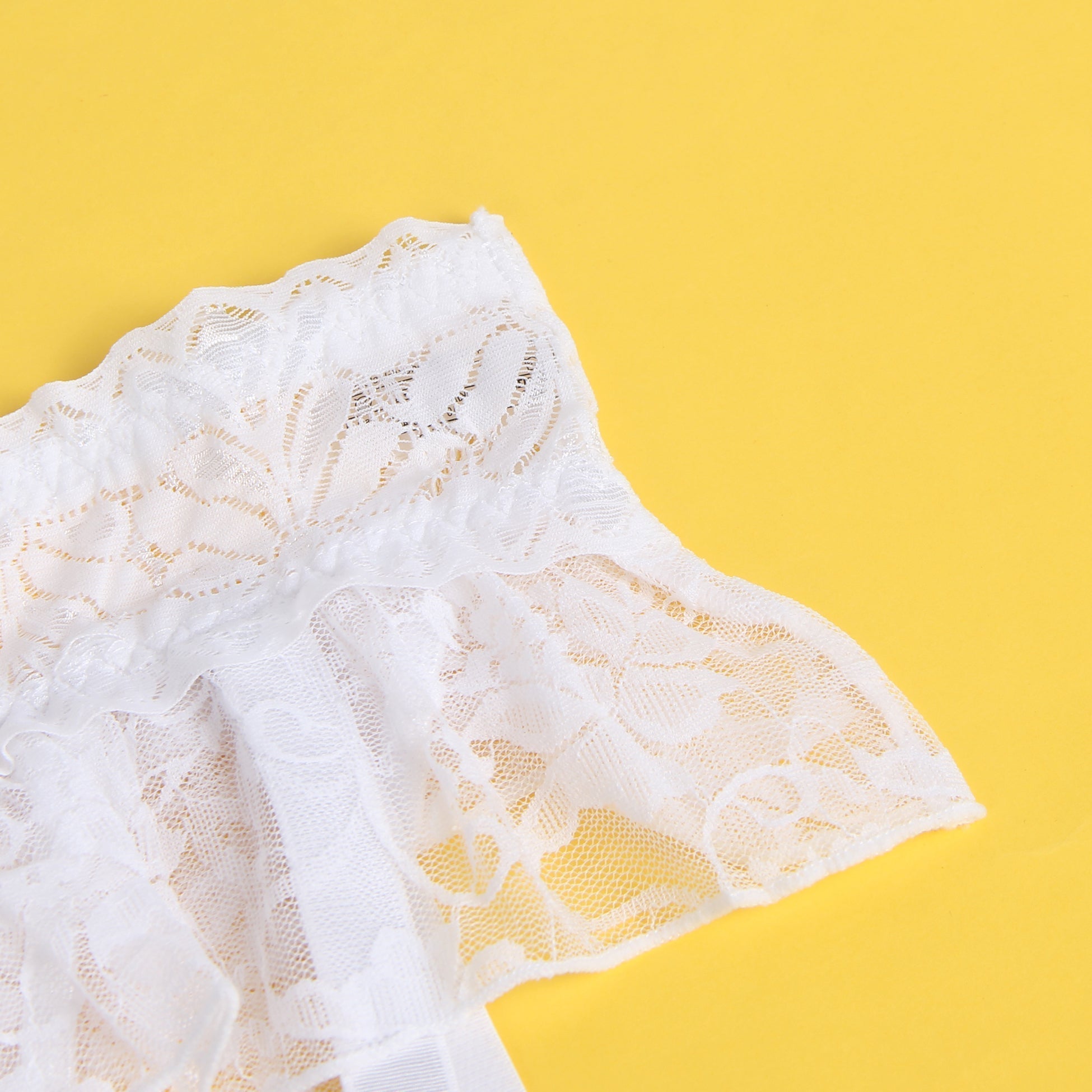 White Lace Mesh One - Piece Garter Panty with Ruffled Hem & Hollowed Back - TeaseFashion
