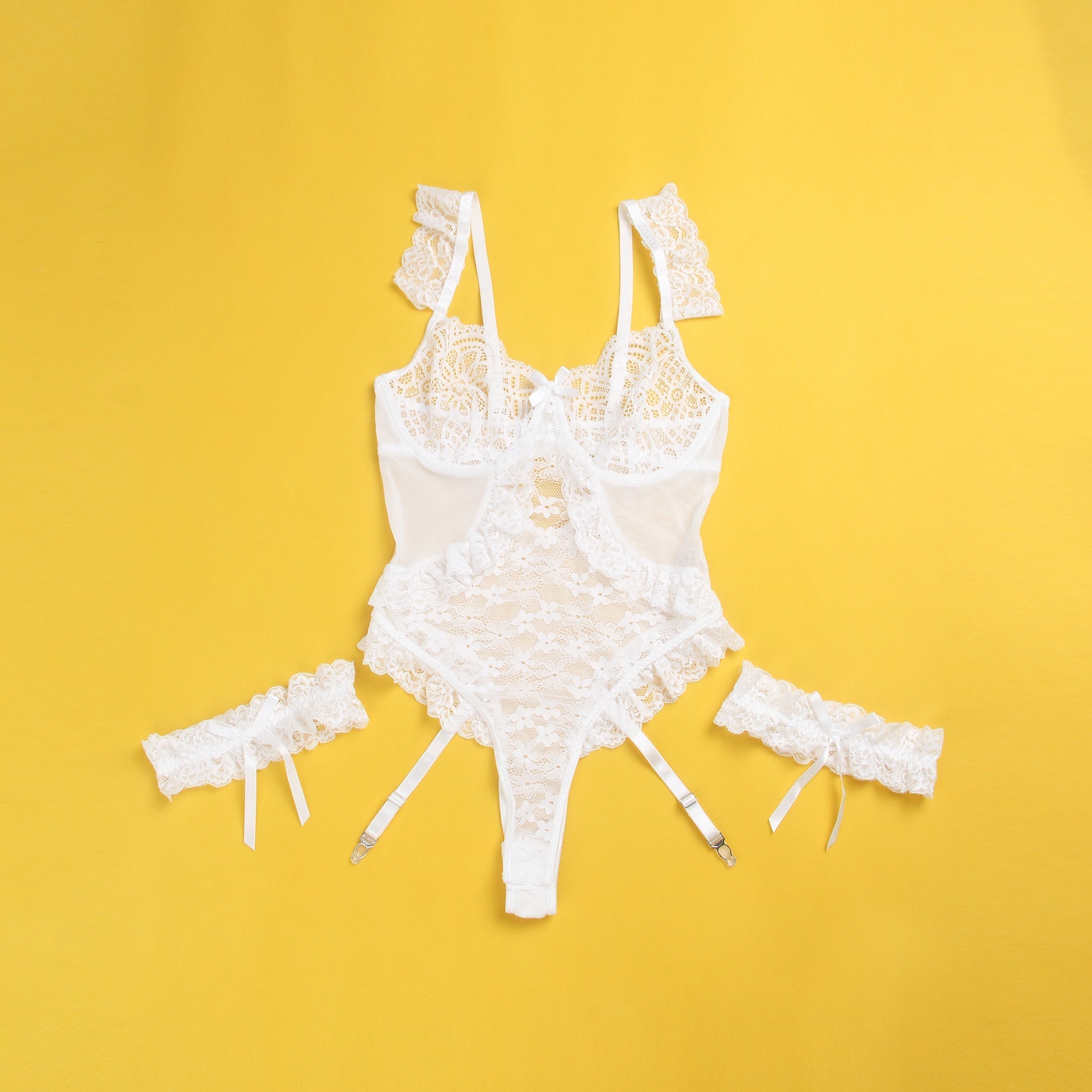 White Lace & Mesh Teddy with 3D Floral Embroidery & Bow Garter - TeaseFashion