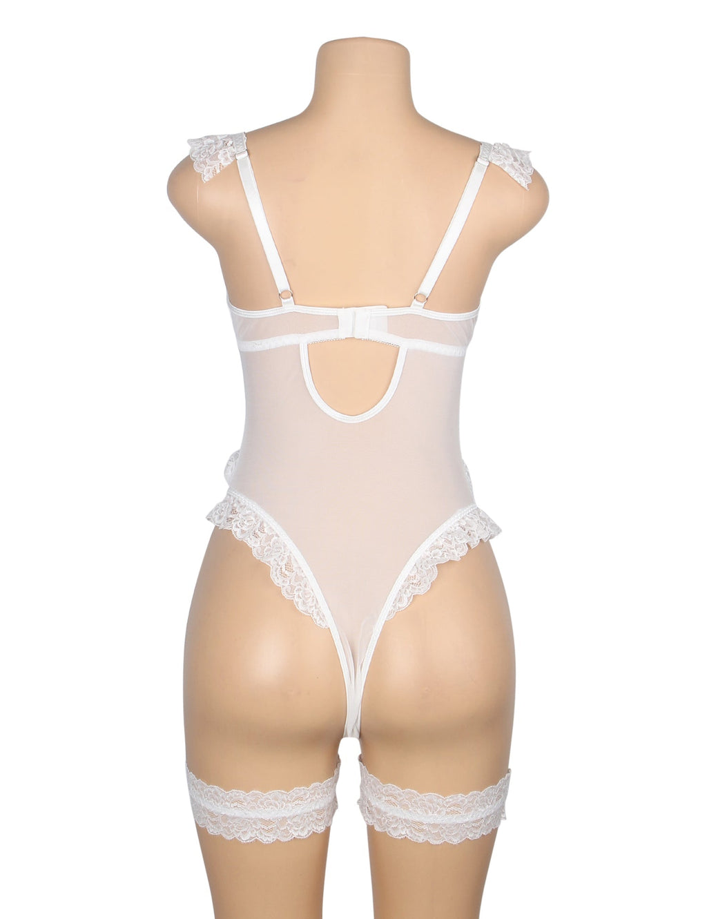 White Lace & Mesh Teddy with 3D Floral Embroidery & Bow Garter - TeaseFashion