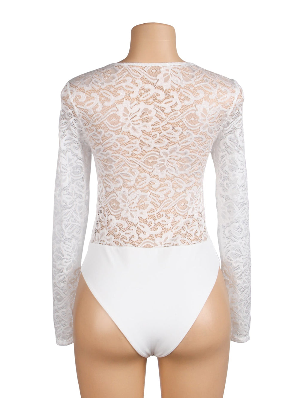 White Lace & Nylon V - Neck Snap - Crotch Bodysuit - TeaseFashion