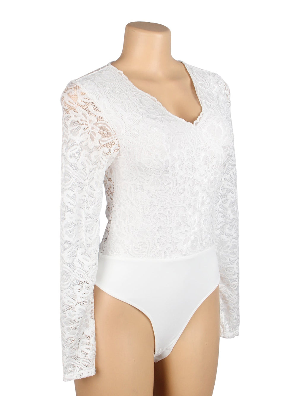 White Lace & Nylon V - Neck Snap - Crotch Bodysuit - TeaseFashion