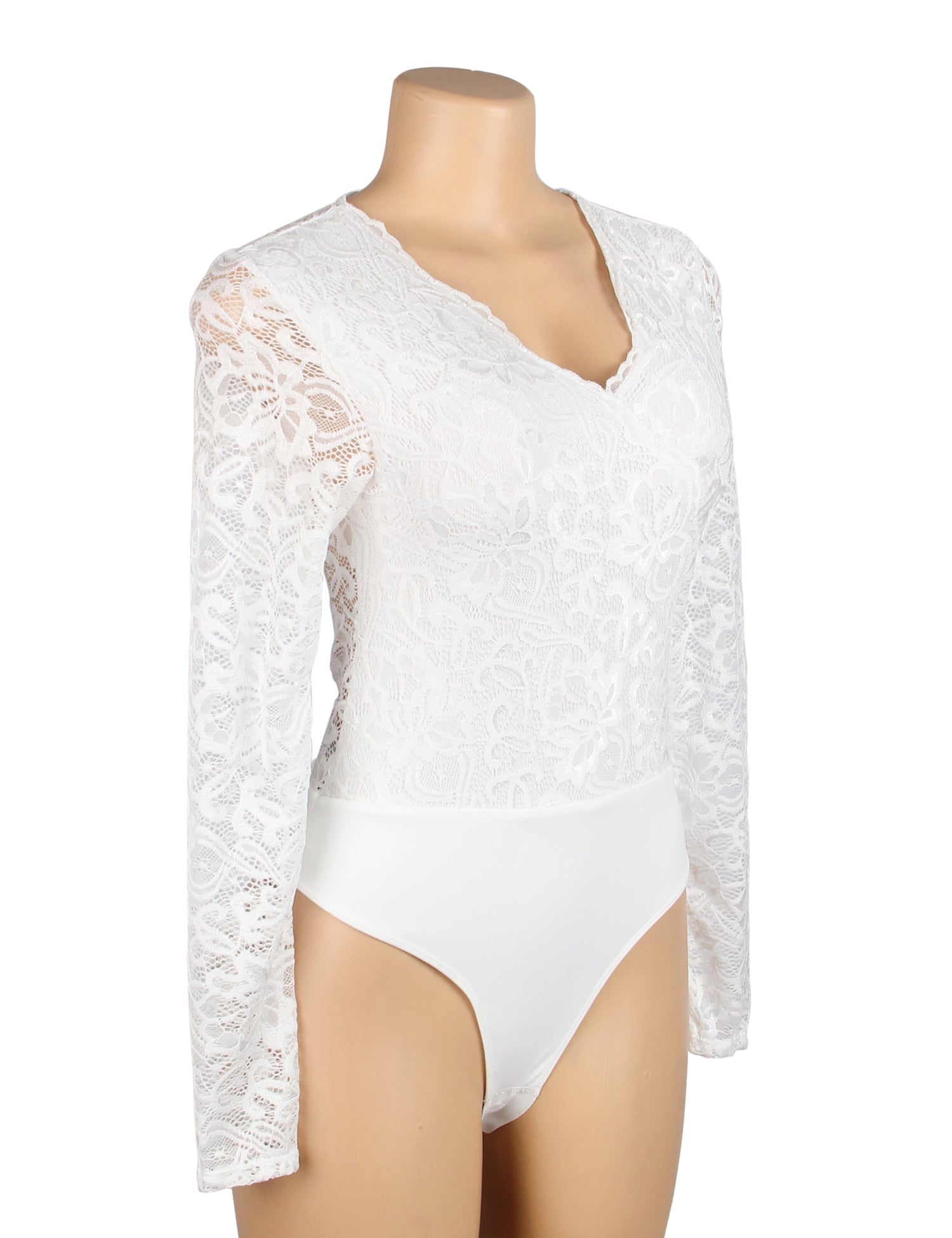 White Lace & Nylon V - Neck Snap - Crotch Bodysuit - TeaseFashion