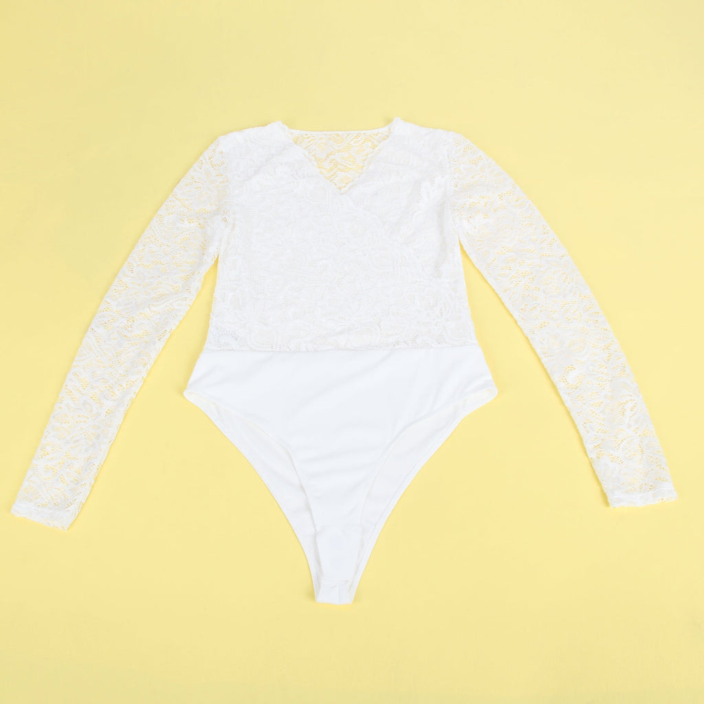 White Lace & Nylon V - Neck Snap - Crotch Bodysuit - TeaseFashion